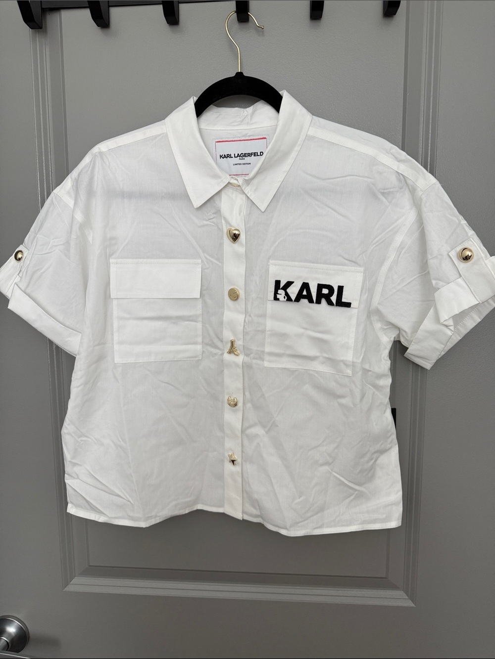 Karl Lagerfeld White Short Sleeve Button-Up with Black Logo Patch